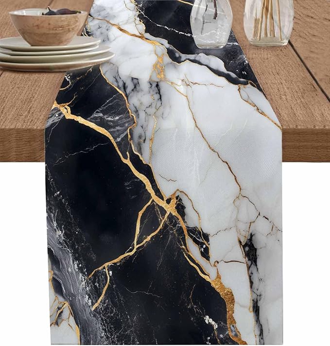 Black White Marble Cotton Linen Table Runner for Dining Kitchen, Wedding Outdoor Party Tablerunners Decoration, Nature Marble Crack Modern Art Dresser Scarf Coffee Tablecloth Runners 13x72 Inches