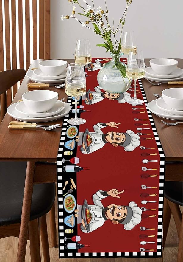 Red Chef Gourmet Cotton Linen Table Runner for Dining Kitchen, Wedding Outdoor Party Tablerunners Decoration, Black White Check Plaid Funny Kitchen Dresser Scarf Coffee Tablecloth Runners 13x60 Inches