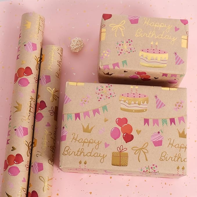 Aimyoo Birthday Wrapping Paper Roll - 17 Inch X 16.4 Feet - Gold Foil Celebration Cake, Gift Box,Happy Birthday Lettering Design Gift Wrap for Kids, Baby Showers