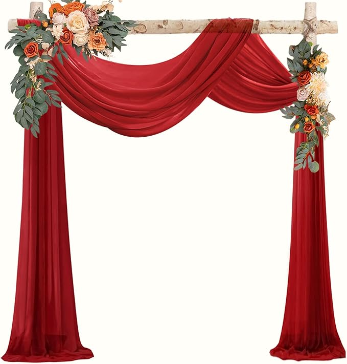 VOK Red Wedding Arch Draping Fabric Chiffon Fabric, 29in x 18Ft Sheer Chiffon Outdoor Curtain for Wedding Ceremony Birthday Party Decoration (Red,1 Panel)