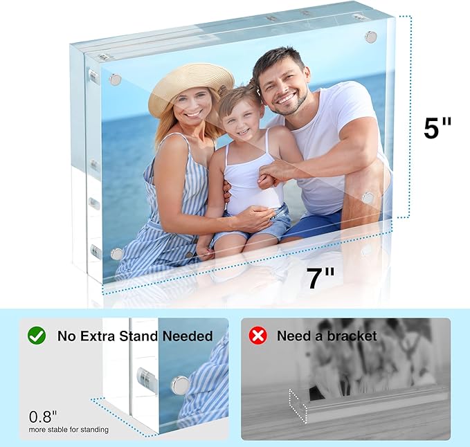 HOUSE DAY Acrylic Picture Frames 5x7, 2 Pack Magnetic 5x7 Picture Frame, Double Sided Clear 5 x 7 Photo Frame with Microfiber Cloth, Frameless FreeStanding 5x7 Frame Gift for Desktop Display