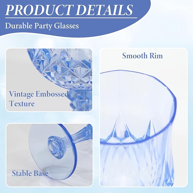 Blue Plastic Wine Glasses 7oz – 24 Pcs Unbreakable Vintage Plastic Goblets for Parties Reusable & Dishwasher Safe Ideal for Weddings, Bars, and Every Celebration