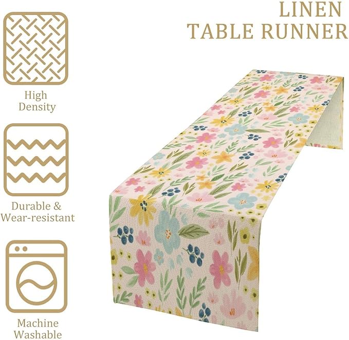 Floral Table Runner, Boho Style Watercolor Flower Green Leaf Plant Rectangle Table Decoration for Dining, Party, Holiday,13in（33cm） W * 72in（184cm） L