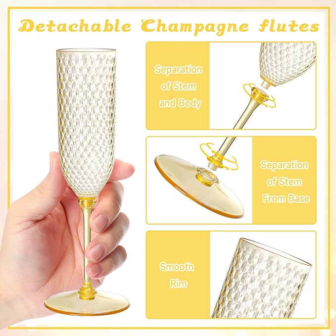 Champagne Glasses 24 Pack, Amber Detachable 2-Piece Plastic Flutes 5.5 oz