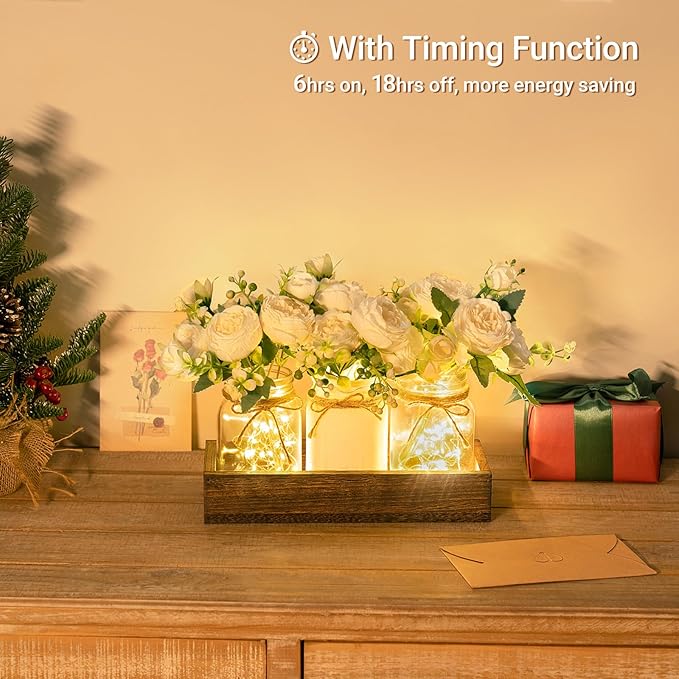 Mkono Mason Jar Lights Centerpiece Table Decor for Dining Room Farmhouse Wood Tray with 3 Jars Flowers Fall Decoration for Coffee Table Kitchen Living Room Wedding
