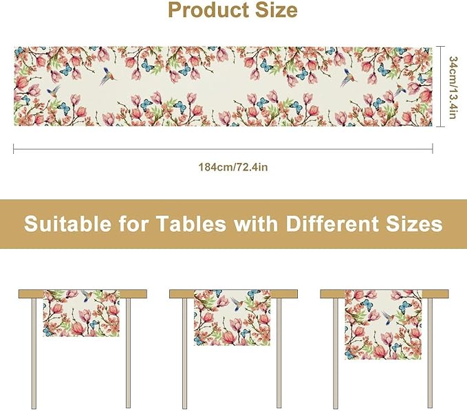 Flowers Table Runner,Floral Bird Butterfly Spring Table Cloth Kitchen Dining Table Home Party Decoration 13x108 Inch