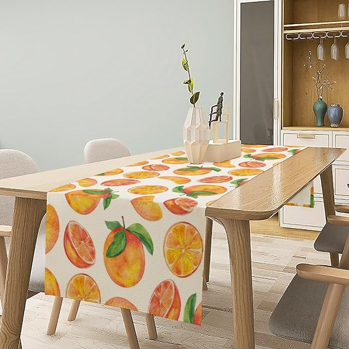 Watercolor Fruit Botanical Print Table Runner Spring Summer Orange Lemon Dinner Runner for Farmhouse Party Holiday Home Kitchen Dining Table Decor 13x36