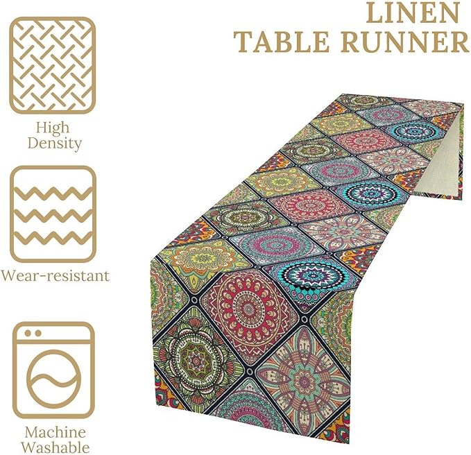 Boho Bohemian Table Runner, Vintage Indian Floral Print Table Cover for Farmhouse Kitchen Dining Table Decor Holiday Party, 13x90inch