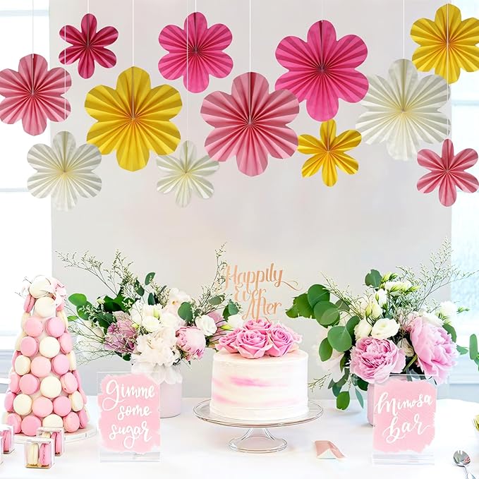 BestoFun 12 PCS Paper Flowers Fans Pink and Yellow Party Decorations Paper Flowers Decorations for Wall Girl Groovy Birthday Baby Shower Wedding Bachelorette Room Hanging Décor