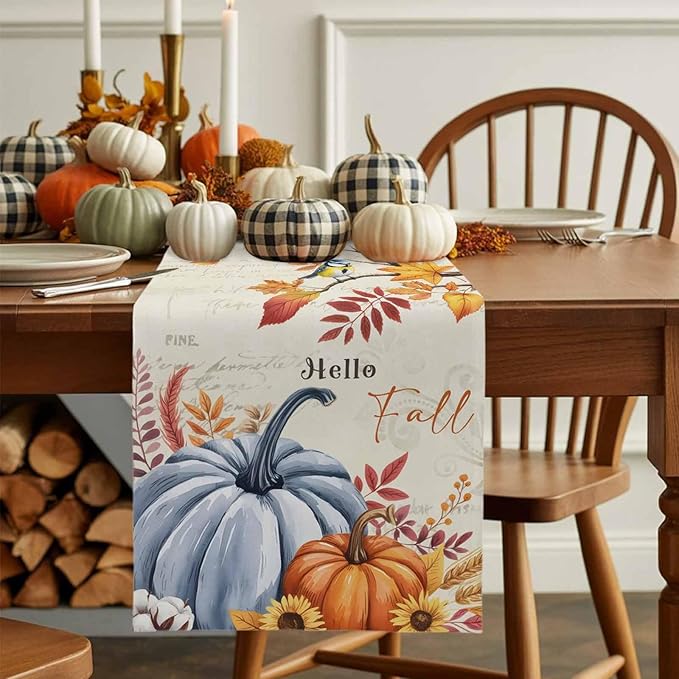 Thanksgiving Fall Cotton Linen Table Runner for Dining Kitchen, Blue Pumpkins Rustic Wedding Outdoor Party Autumn Tablerunners Decoration, Leaves Dresser Scarf Coffee Tablecloth Runners 13x90 Inches