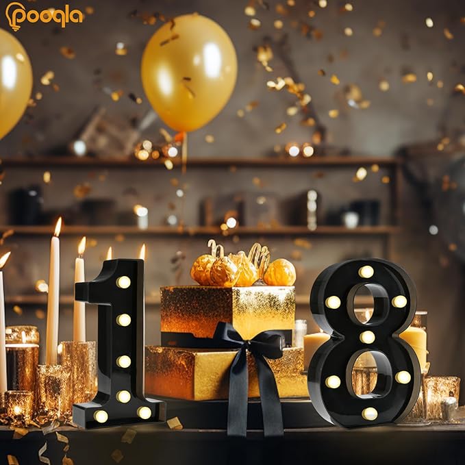 Pooqla Decorative Led Light Up Number Letters, Black Plastic Marquee Number Lights Sign for 18th Birthday Party Wedding Decor Battery Operated Black Decoration 18