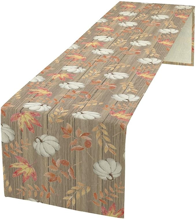 Autumn Table Runner,Pumpkins Maple Leaves Wood Fall r Seasonal Table Runner Kitchen Dining Table Decoration for Home Party Decor 13x108 Inch