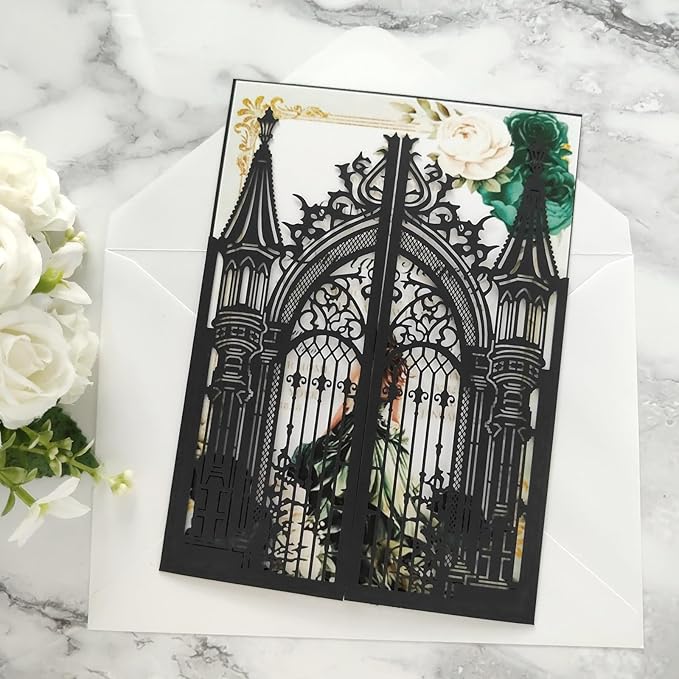 20PCS Laser Cut Wedding Invitations,Wedding Invitation Card Pocket,Quince Invites,Sweet 16 Invitations,Quinceanera Invitations,Laser Cut Invitations For All Occasions (black)