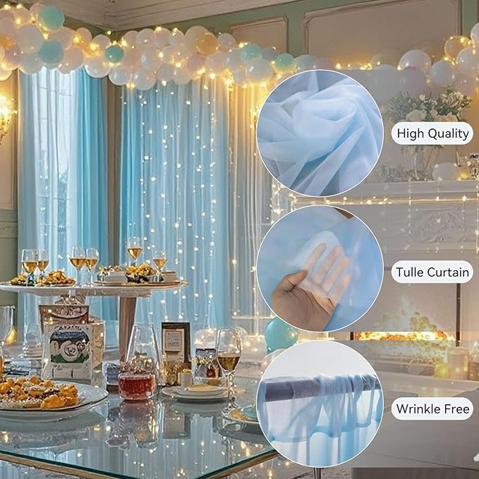 Ledido 10×10ft Tulle Backdrop Curtains with Lights String - 300LED Fairy Lights Sheer Curtain Backdrop for Weddings Baby Shower and Birthday Party Decorations(2 Panels 5×10ft)