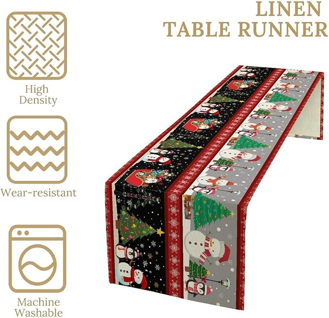 Christmas Table Runner,Cartoon Snowman Tree Xmas Deer Elk Santa Claus Print Tablecloth Burlap for Hotel Indoors Outdoor Dining Room Kitchen Home Decor,W13X L90 in