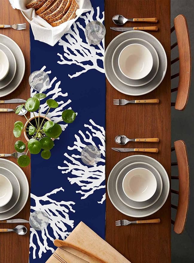 Coastal Coral Cotton Linen Table Runner for Dining Kitchen, Wedding Outdoor Party Tablerunners Decoration, Navy Blue Nautical Ocean Beach Dresser Scarf Coffee Tablecloth Runners 13x36 Inches