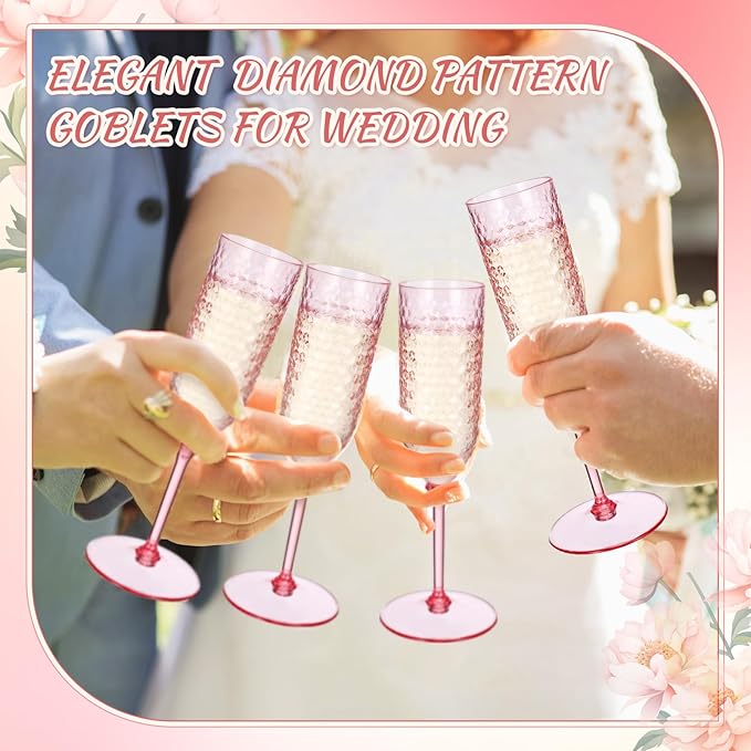 Champagne Glasses 48 Pack, 5.5 oz Pink Plastic Flutes with Detachable Stems
