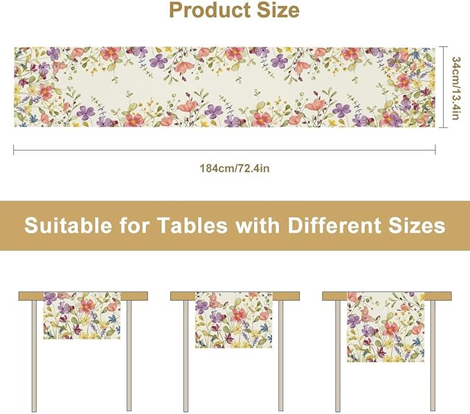 Floral Table Runner,Flowers Plant Print Spring Table Runner for Kitchen Dining Table Decoration for Home Party Decor 13x108 Inch