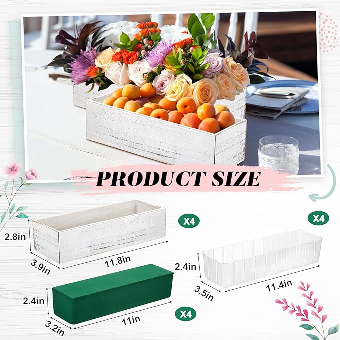 Planter Boxes Set of 4, White Rustic Wood Centerpiece Boxes with Liners