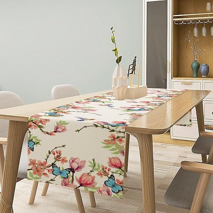 Floral Butterfly Table Runner Seasonal Spring Flower Bird Table Decoration Table Runner for Home Party Decoration 13x90 Inch