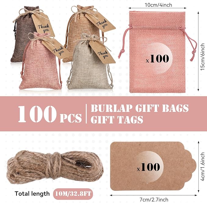 Gift Bags: 100 Burlap Drawstring Bags with Kraft Tags and Rope