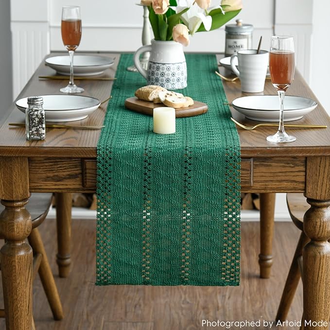 Artoid Mode Dark Green Farmhouse Woven Rustic Hollow Table Runner, Seasonal Holiday Hollow Kitchen Dining Table Decoration for Home Party Decor 12x120 Inch