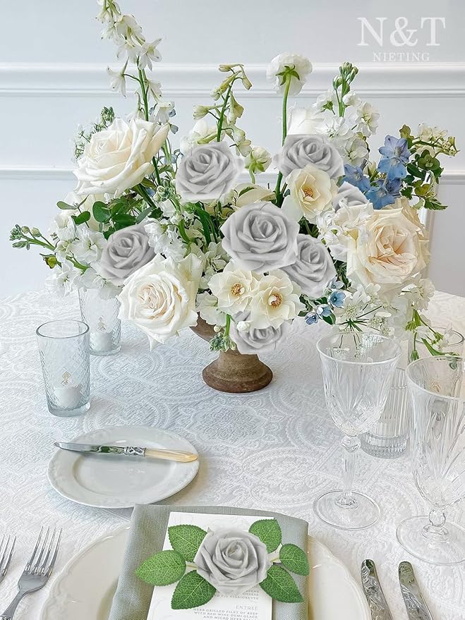 Artificial Silver White Roses, 50 Pcs Foam Flowers with Bendable Stems