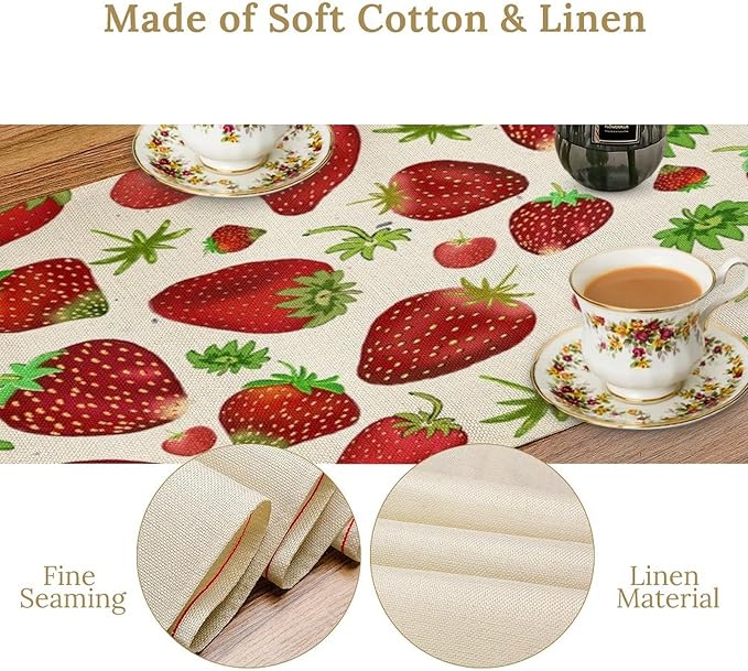 Strawberry Table Runner Spring Summer Fruit Wild Berry Forest Garden Dinner Runner for Girl Baby Shower Party Holiday Home Kitchen Dining Table Decor 13x36