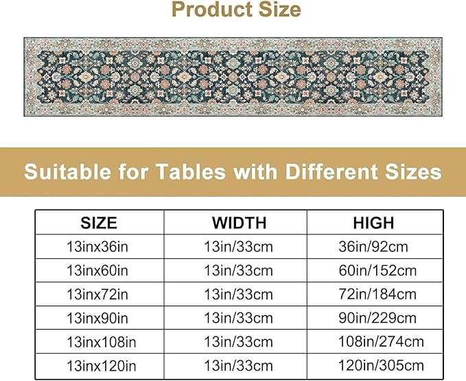 Vintage Boho Floral Table Runner, Rustic Country Farmhouse Blue Teal Red Bohemia Flower Pattern for Home Kitchen Table Decor Dining Coffee Room Party Decor 13x72in