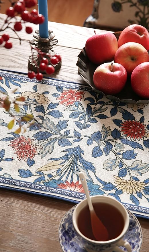 patdrea Designer Blue Cottage Rustic Floral Patterned Linen Table Runner 87 Inch Long,Wrinkle Resistant Table Mat,Decoration for Kitchen Dining and Coffee Tables Banquet Christmas , 12"x87"