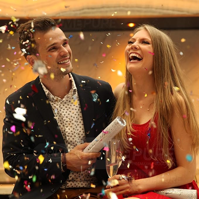 PrimePure Confetti Cannon Party Poppers - Metallic Foil Multicolor Confetti Poppers - 2 Pack - Easy-to-Use Party Cannon - Glitter Bomb Sparkle Pop Gun for Graduation, Birthday, Celebration, Prank