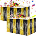 BEISHIDA 2 Pack Black Gold Table Skirts Party Decorations Metallic Tinsel Foil Fringe Decors for Rectangle and Round Table Birthday Retirement Anniversary Graduation Congrats 2026 Party