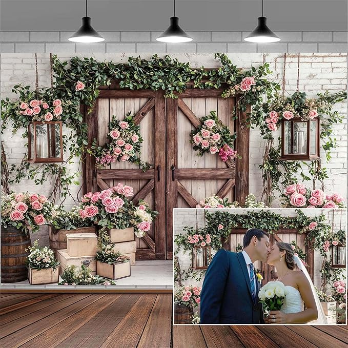 9x6ft Country Wedding Photography Backdrop Floral Rustic Roses Farmhouse Wooden Door Backdrop Pink Flower Birthday Baby Shower Wedding Bridal Party Banner Photo Booth Props Anniversary Background