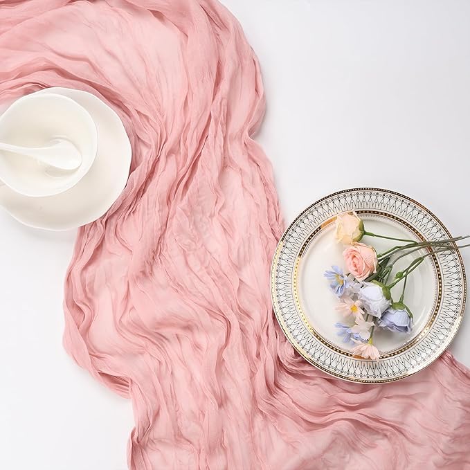 12 Pack Dusty Pink Cheesecloth Table Runner 10ft Boho Gauze Fabric Cheese Cloth Table Runner 35 x 120 Inch Rustic Sheer for Romantic Wedding Decor Baby Shower Party Table Centerpiece Decoration