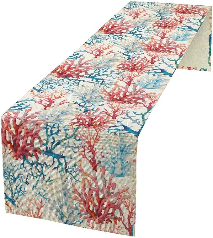 Blue Beach Table Runner, Tropical Ocean Coast Table Runner, Seashell Seasonal Nautical Restaurant Coffee Table Decorations for Home Holiday Party Indoor Outdoor 13x60 Inch
