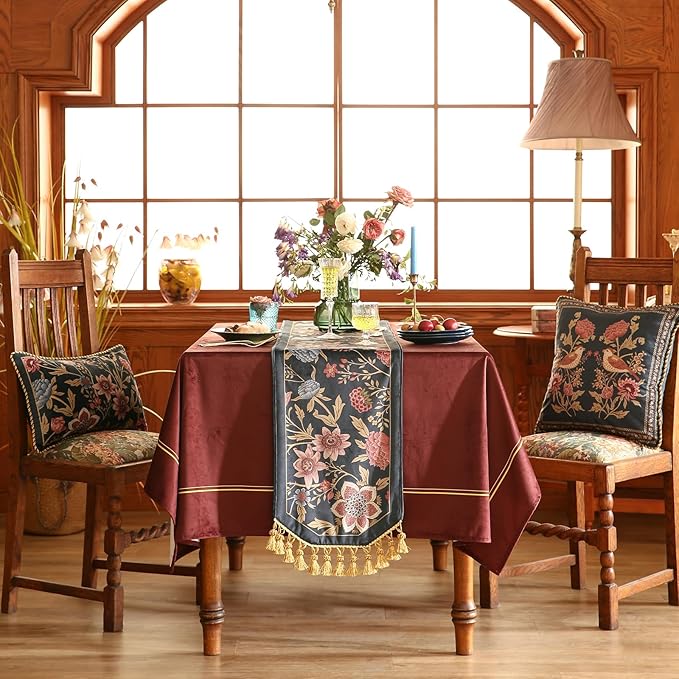 patdrea Designer Vintage Black Floral Velvet Table Runner 102 Inch Long, Pink Khaki Bouquets Pattern Table Mat, Decoration for Kitchen Dining Coffee Table Cabinet Banquet Thanksgiving,12"*102"