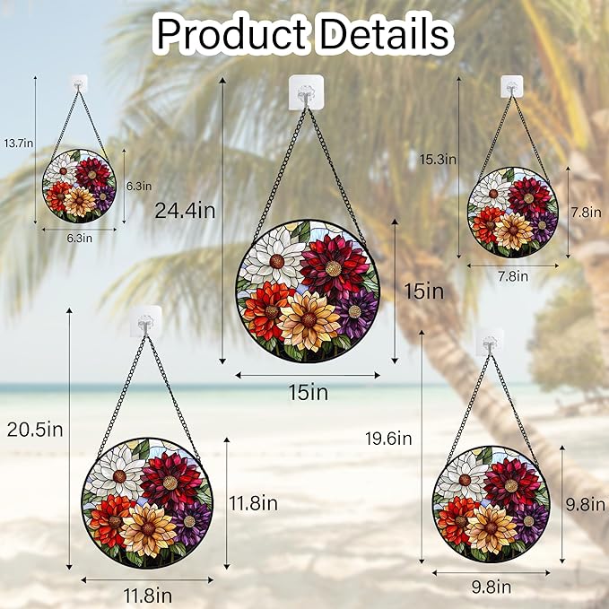 Stained Glass Window Hanging, Colorful Flowers Sun Catcher for Window Door Home Decor Plant Suncatcher Christmas Mother's Day Birthday Gifts for Women Men Mom and Nana 15 in