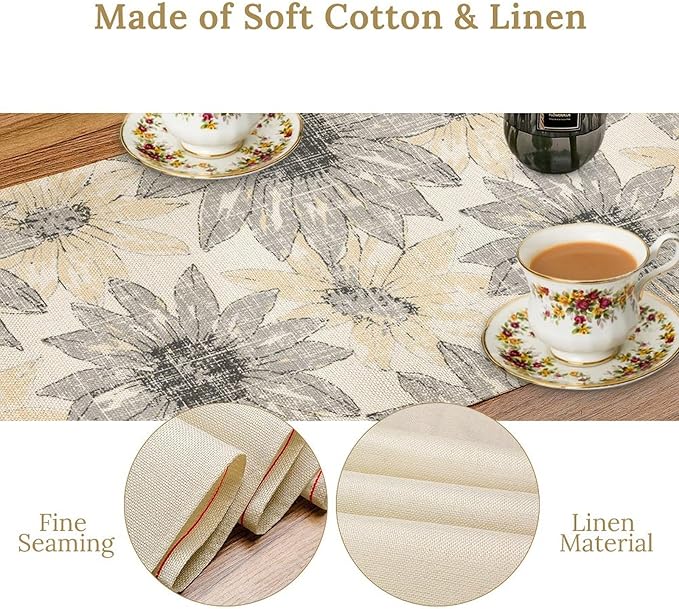 Chrysanthemum Vintage Floral Table Runner, Elegant Grunge Green Sunflower Spring Summer Elegant Pattern Artichokes Flower Table Runner for Party Kitchen Dining Living Room Decor, 13x36 Inch