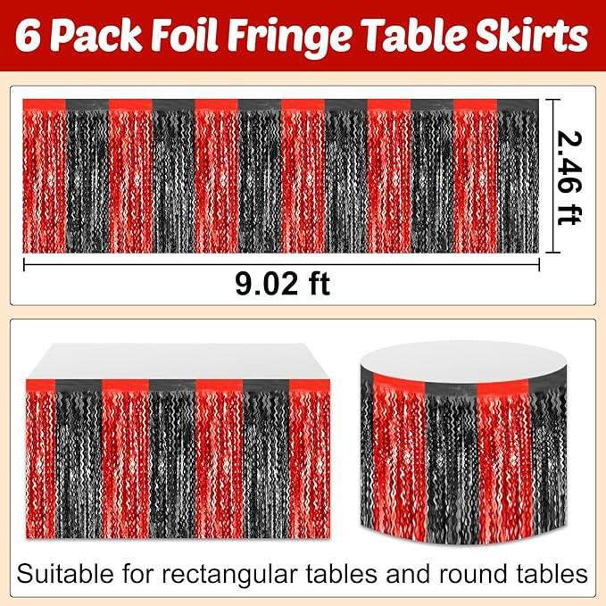 6 Pack 29x108 Inch Black Red Wave Foil Fringe Table Skirts Metallic Banner for Tinsel Streamer Garland Backdrop for Parade Floats Wedding, Mother's Day, Birthday Mardi Gras Party Decorations