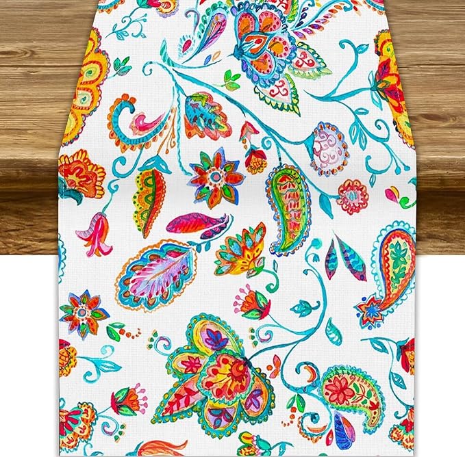 Paisley Table Runner, Watercolor Floral Oriental Indian Traditional Tulips Leaves Bohemian Paisley Print Table Runner for Kitchen Dining Tables Party Decor, 13x70inch