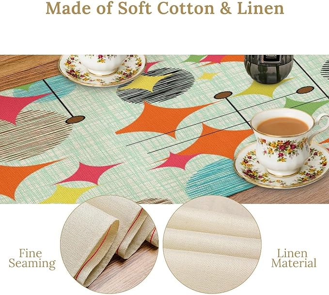 Mid Century Table Runner,Abstract Retro Modern Geometric Colorful Stripe Pattern Print Tablecloth Burlap for Hotel Indoors Outdoor Dining Room Kitchen Holiday Party, 13x90in