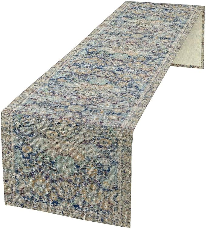 Vintage Boho Floral Table Runner, Rustic Country Farmhouse Blue Yellow Retro Flower Pattern for Home Kitchen Table Decor Dining Coffee Room Party Decor 13x108in