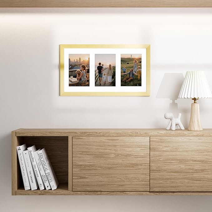 Vittanly 8x14 Picture Frames Collage, Displays 3Pcs 4x6 Pictures with Mat, Collage Picture Frame for Horizontal or Vertical Display, Gold, 1 Pack
