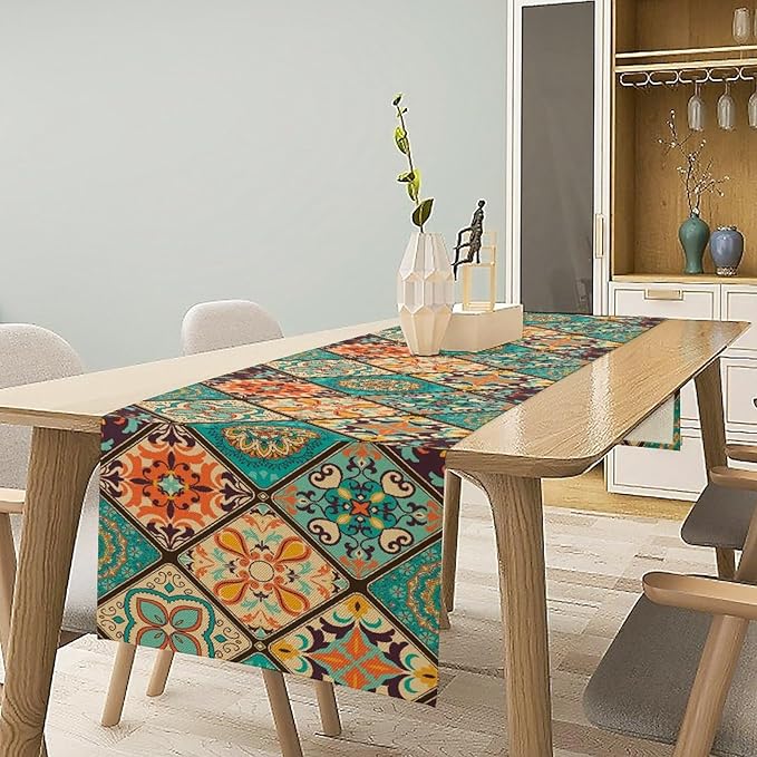 Boho Floral Table Runner,Vintage Bohemian Style Table Runner for Kitchen Dining Table Home Party Decoration 13x36 Inch
