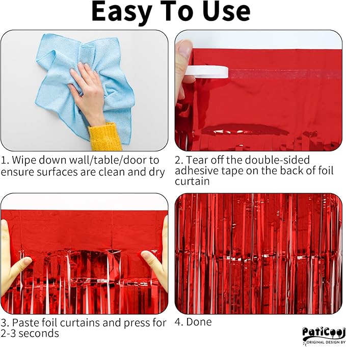 Red Metallic Streamers 3.2 x 8.2 FT, 4 Pack with 23μm Thick Film