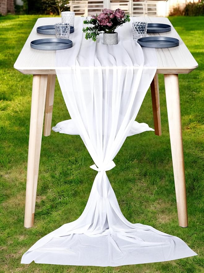 MDS 10 Pack 10ft Chiffon Table Runner 29 x 120 Inches Sheer Wedding Runner Romantic Rustic Table Runner for Wedding Decorations, Birthday Parties, Bridal Shower Party Arch Decor - White