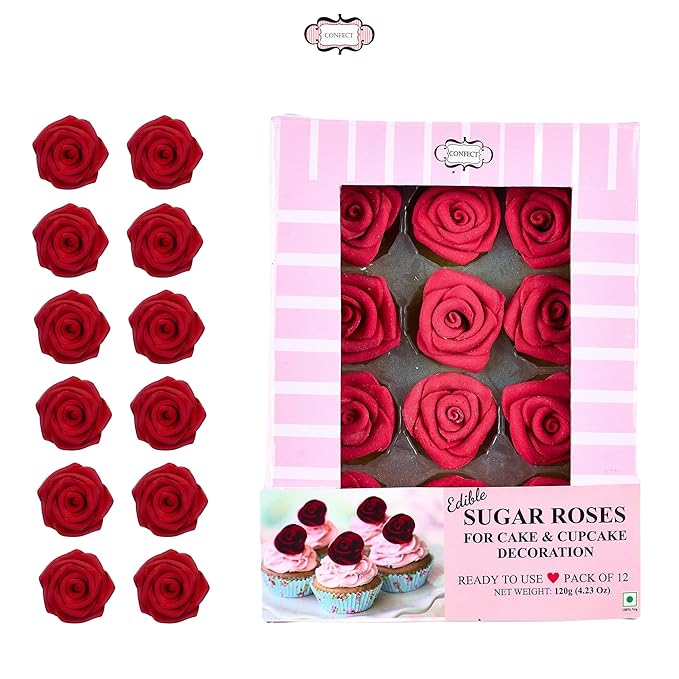 Edible Cupcake Toppers, 12 Sugar Roses About 1.5 Inches in Several Colors