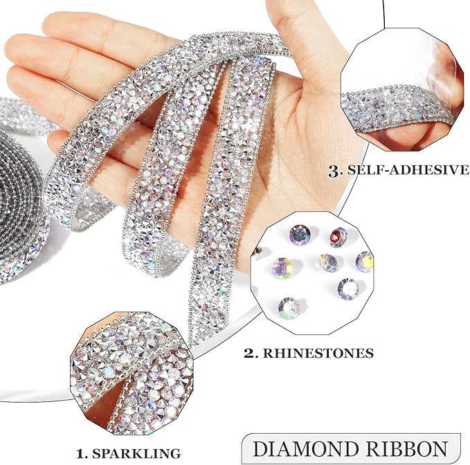 Rhinestone Ribbon 6 Yards Self Adhesive Rhinestone Strips Diamond Ribbon Sticker Crystal Roll Glitter Bling Rhinestones Tape for Crafting DIY Art Decoration (Silver AB,0.4 Inch)