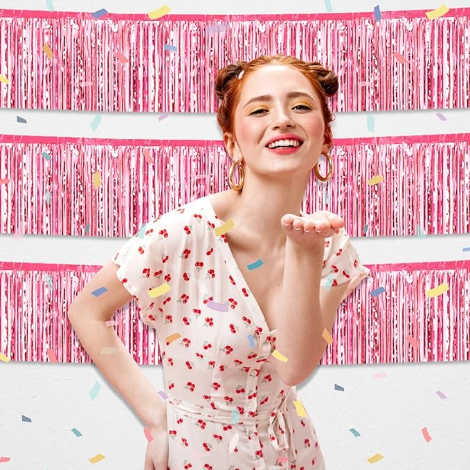 3 Pack 10 Feet Pink Foil Fringe Garland Metallic Tinsel Streamers Banner Wall Hanging Curtain Backdrop for Parade Floats, Christmas Day, Valentine's Day, Thanksgiving, Birthday Party Decorations