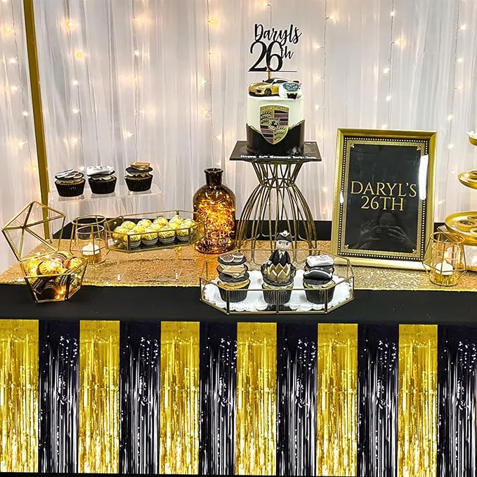 BEISHIDA 2 Pack Black Gold Table Skirts Party Decorations Metallic Tinsel Foil Fringe Decors for Rectangle and Round Table Birthday Retirement Anniversary Graduation Congrats 2026 Party